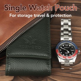 KOSMCCO Leather Watch Pouch - Portable Watch Travel Pouch with Suede Lining and Leather Inserts, Single Travel Watch Case for Watch Lovers Gift (Green)