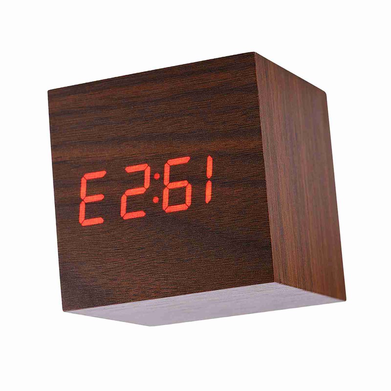 6x6x6cm Wooden Electronic Digital Alarm Desk Clock Temperature LED Display