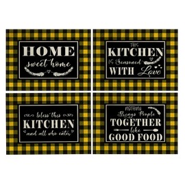 4Pack Farmhouse Decor Placemats Yellow White Buffalo Plaid Kitchen Inspirational Quotes Decor Table Mats Waterproof Heat Resistant Washable Non-Slip Place Mats for Dinner Kitchen Decor Table 12”×16”