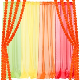 Geosar 8 Pcs 4 ft Marigold Garland 4 Pcs Sheer Curtains Backdrop Set Indian American Party Mantle Decoration Artificial Marigold Flowers for Wedding, Diwali, Mexican, Day of The Dead, Pooja(Rainbow)