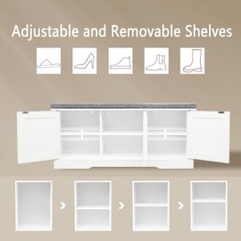 DINZI LVJ Shoe Bench, Entryway Storage Bench with Doors, Cushion, 2-Tier Shoe Rack with 6-Cubby, 39.4”L x 13.8”W Shoe Organizer Cabinet, Adjustable Shelf, Living Room, Bedroom, White