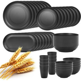 48-Pcs Kitchen Wheat Straw Dinnerware Set, Service for 8, Plastic Reuasble Dinner Dishes Serving Plate Set for Kitchen, Including Dinner Plate, Dessert Plates, Bowl, Cup(Black) - Color: Multicolor, Size: 48-Pcs