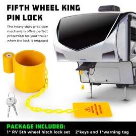 BYERN AUTO 5th Wheel King Pin Lock, Heavy Duty King Pin Lock with Anti-Theft Warning Tag & 2 Keys for RVs, Container Trailers and Campers, Extremely Durable (Yellow)
