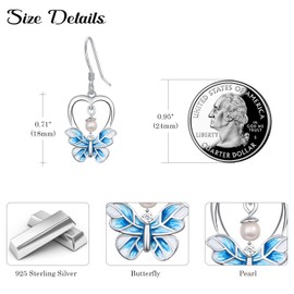 HXWZB Blue Butterfly Earrings 925 Sterling Silver Pearl Earrings Heart Earrings Sterling Silver Butterfly Earrings Jewellery Gift for Women Girls