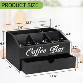 Farmhouse Wooden Coffee Bar Organizer - Countertop Station With Drawer, Pods Holder & Storage Basket