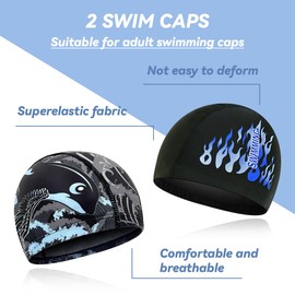 COYUN Pack of 2 Elastic Swimming Caps for Adults, Swimming Cap Long Hair - Comfortable Fabric Swimming Cap Soft Unisex Swimming Cap Ear Protection Swimming Cap Lightweight Swimming Cap for Men Women