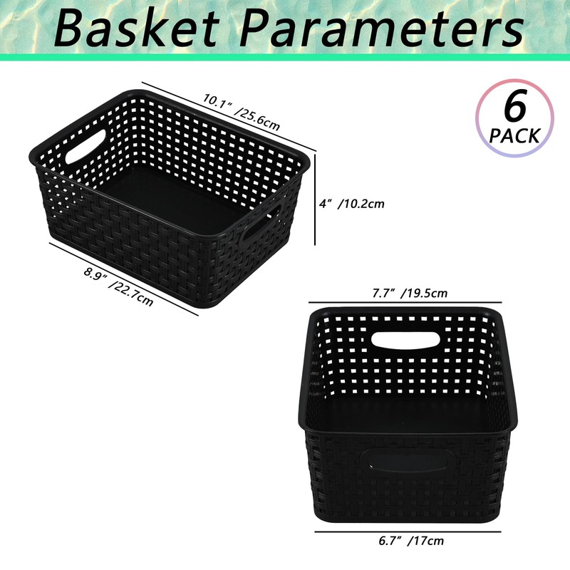 Pekky 6 Pack Plastic Weave Storage Basket, Black Small Organizer