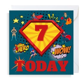 Second Ave Superhero 7th Birthday Age 7 Square Children's Kids Birthday Greeting Card for Boy or Girl