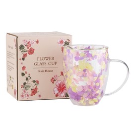 Double Wall Flower Glass Tea Cups, Aesthetic Flowers Coffee Mugs, Cute Insulated Tea Cup with Handle, Heat Resistant & Lead-free, Gifts for Birthday Mother's Day, Perfect for Women Wife Mom Friend (F)
