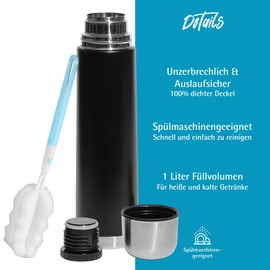 GRÄWE Thermos Flask, 1 Litre Stainless Steel Drinking Bottle, Thermos Flask, Insulated Flask for on the Go with Cup, Leak-Proof, Dishwasher Safe, Black