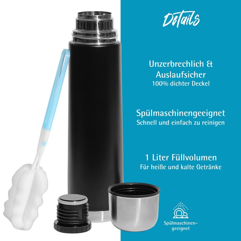 GRÄWE Thermos Flask, 1 Litre Stainless Steel Drinking Bottle, Thermos