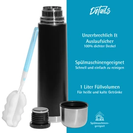 GRÄWE Thermos Flask, 1 Litre Stainless Steel Drinking Bottle, Thermos Flask, Insulated Flask for on the Go with Cup, Leak-Proof, Dishwasher Safe, Black