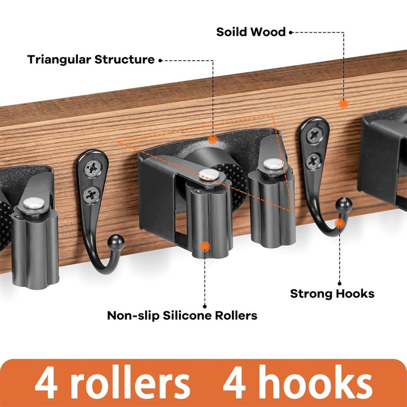 Mop Broom Holder Wall Mount, Wood Broom Mop Hanger, Wall
