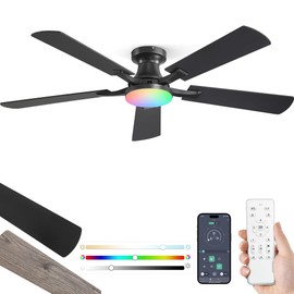 ZMISHIBO 52 Inch RGB Ceiling Fan with Light, App&Remote Control, Flush Mount Low Profile, Dimmable 20W LED Light, Quiet Reversible Motor for Bedroom, Living Room, Apartment, Black