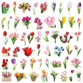 Pack of 50 Transparent Tulip Flower Stickers for Girls Adults Children, Natural Flower Waterproof Stickers for Laptop Water Bottles Suitcase Computer Scrapbook Skateboard Phone Car Luggage