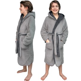 HOMELEVEL Sherpa Children's Bathrobe with Hood for Boys and Girls, Reversible Dressing Gown - 146-152