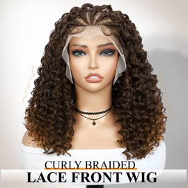 WIGER Braided Wigs for Black Women Curly Bob Lace Front Wig Glueless Knotless Curly Lace Frontal Hair Wig with Baby Hair Ombre Brown 13X4 Transparent HD Lace Synthetic Water Wave Wig