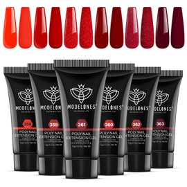 modelones Poly Nail Gel Set, 6 Colors Popular Red Collection Bright Wine Burgandy Glitter Poly Extension Gel Dark Bloody Red Builder Starter Home DIY Manicure Nail Art Gift