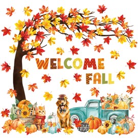 Whaline 120Pcs Welcome Fall Cutouts Autumn Tree Maple Leaves Pumpkin Paper Cut-Outs with 200Pcs Glue Points Watercolor Bulletin Board Decor for Thanksgiving School Classroom Home Party