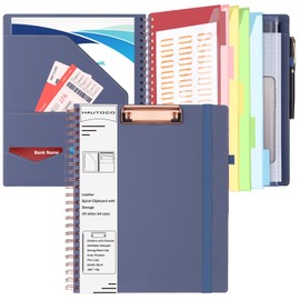 HAUTOCO Leather Clipboard Folio with Storage Zipper Pouch, Notepad, Business Card Holder, 5 Divider with 10 Pocket, File Folder Label, Pen Loop, Elastic Strap, Spiral Padfolio Clipboard, Purple Gray