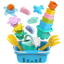 Sandbox, Beach and Bath Toys Set for Kids 18 Pcs | Stacking Cups, Watering Can, Bucket, Shovels, Rake & Toy Cars for Baby Boys & Girls | Sand, Water Outdoor & Indoor Games for Toddlers | Kids Ages 1+