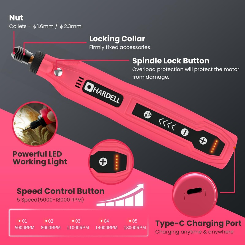 HARDELL Mini Cordless Rotary Tool, 5-Speed 3.7V Rechargeable Rotary Tool