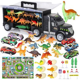 39PCS Dinosaur Truck Toy Car Transporter Carrier Set include Dinosaur Figures Egg Mini Racing Car Road Signs Accessories for Children Toy