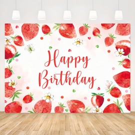 APROPHIC Strawberry Birth Banner Background Pink Strawberry Girl Photo Background Happy Birthday Banner Party Banner Table Decoration Photo Background 2.1 x 1.5 m