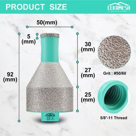 LEKOMESH Diamond Core Drill Milling Bits - 20-50mm with 5/8"-11 Thread Finger Milling Bits, Beveling Chamfer Bits Dry Drilling Grinding for Porcelain Ceramic Tile Granite Marble Stone