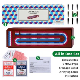 15 inch Large Wooden Cribbage Board Game Set, 3-Track Scoreboard with Large Slots for Storing 2 Playing Cards and 9 Metal Pegs, Fun Family Night Table Game Portable Travel Games
