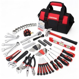 FASTPRO 236-Piece Home Repairing Tool Set, Mechanics Hand Tool Kit with 12-Inch Wide Mouth Open Storage Bag, Household Tool Set for DIY, Home Maintenance, Red