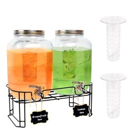 Glass Drink Dispenser with Stainless Steel Spigot,2Pack- 2 Gallon Beverage Dispenser with Stand for Party Iced Juice,Lemonade,Soda Container -with ice cylinder included (Oval)