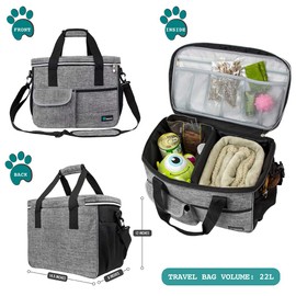 PetAmi Dog Travel Bag, Travel Pet Bag Organizer, Dog Food Travel Bag with Food Container and Bowls, Dog Travel Supplies Gift Accessories for Weekend Camping, Dog Cat Diaper Bag (Grey, Medium)