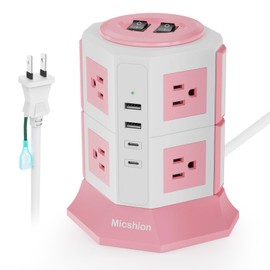 Micshion Extension Cord with 2 Type-C, Power Strip, Tower, Individual Switch, 8 AC Outlets, 2 USB-C Ports, 2 USB-A Ports, 2 M, USB Outlets, Table Tap, Lightning Guard, USB-c Included, Octopus Wiring,