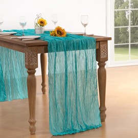 DeZerlor Teal Green Cheesecloth Table Runner Spring Boho Sheer Cheese Cloth Table Runner Gauze 120 Inches Long Blue-Green Easter Table Decorations for Wedding Bridal Baby Shower Tea Party Decor