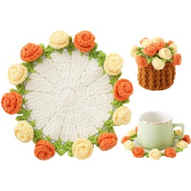 Vane Oak Flower Crochet Coasters, Handmade Bouquet Blanket Coaster with Crochet Plant Pot Fun Soft Decorative Drink Coasters for Coffee Table Tabletop Protection and Home Decor