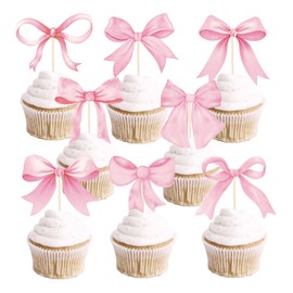 JarThenaAMCS 32Pcs Pink Bow Cupcake Toppers Cute Watercolor Bow Knot Cupcake Picks For Coquette Birthday Baby Shower Bachelorette Wedding Party Supplies