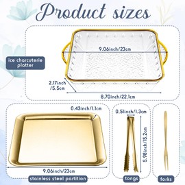 Baderke 6 Set 9" Chilled Serving Tray for Parties with Compartments Ice Chilled Party Platter Charcuterie Serving Board Cold Dish Dip with Forks Tongs for Fruit Seafood Vegetable Appetizer (Gold)