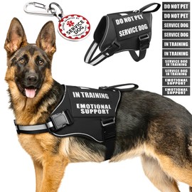 MOOGROU Service Dog Vest Harness+ID Tag+10 Patches,Metal Serivce Dog Tag&Reflective Emotional Support Dog Vest with Handle for Large Dogs,Easy Put On/Off for Training/Walking/Everyday Black XL