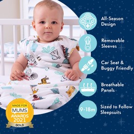 PurFlo Baby Sleeping Bag | All-Season 2.5 tog Sleeping Bag with Removable Sleeves | 9-18 Months | Travel Friendly Sleep Sack | Newborn Essentials for Winter & Summer Use | Garden Zoo