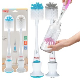 Nuby Bottle and Nipple Brush with Soft Bristles and Stand | 2 Pack: Blue & Grey | Bottle & Nipple Accessory Cleaning Brush with Drying Stand
