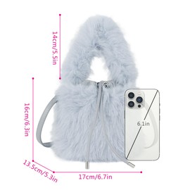 MEGAUK Women's Autumn Winter Bucket Bag, Faux Fur Handbag, Fluffy Shoulder Bag, Plush Shoulder Bag with Drawstring for Girls, 07158 Blue