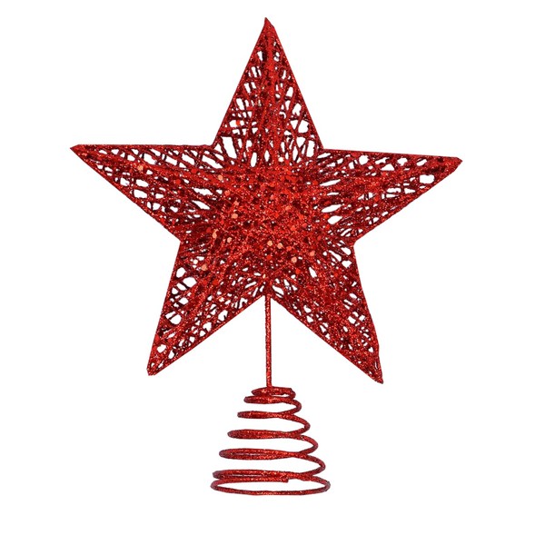 Red Metal Christmas Tree Topper Glittered Xmas Treetop Hollow Star