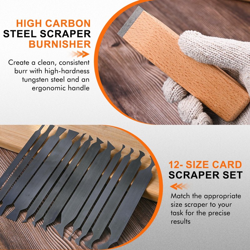 12-PCS Cabinet Scraper Set with Burnisher - Multi-Shaped Card Scrapers