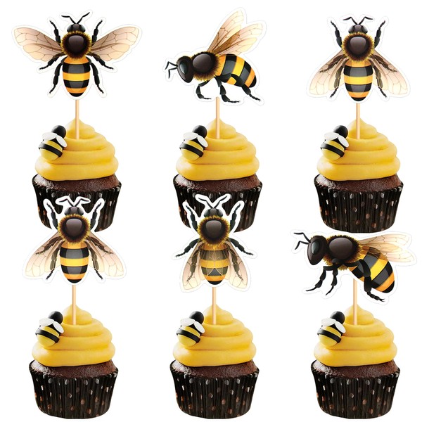 Ercadio - Paquete de 25 adornos para cupcakes de abejorros, abejas, panal, palas de magdalenas, abejas de primavera, decoración de pasteles, para cumpleaños, baby shower, fiestas, niños, suministros de decoración de pasteles