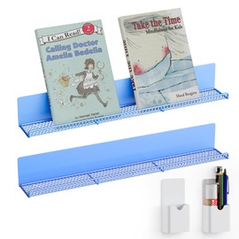DTUQYX Metal Magnetic Book Shelf: Book Display Shelf 2 Pack Strong Adsorption with 2 Pen Containers, Durable Magnetic Shelves for Classroom, Movable Office File Book Holder, Fridge Shelf (Blue Mesh)