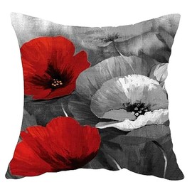 Cariwotan Ink Painting Watercolor Red Grey Poppy Flowers Summer Decorative Pillowcase Throw Pillow Cover Case Chair Sofa Bed Home Decoration Cotton Linen Square 18 x 18 Inches