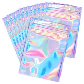 Durimoiy 100 Pack Resealable Mylar Bags Holographic Packaging Bags Odor Proof Bags Foil Pouch Zipper Baggies for Food Storage, Eyelash, Candy, Bath Salt (Holographic Rainbow Color, 2.7 x 4 Inch)