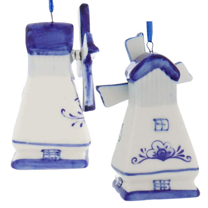 Kurt Adler Porcelain Delft Blue Windmill Ornament Set Of 3