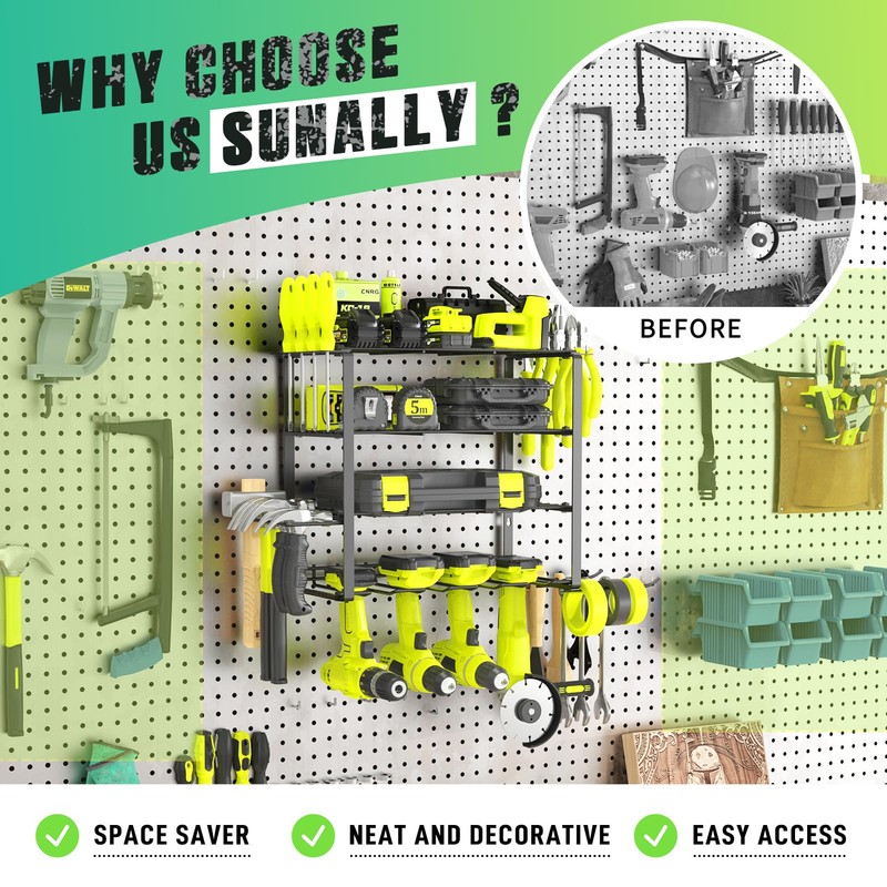 SUNALLY Power Tool Organizer, 4 Drill Holder Wall Mount, Garage